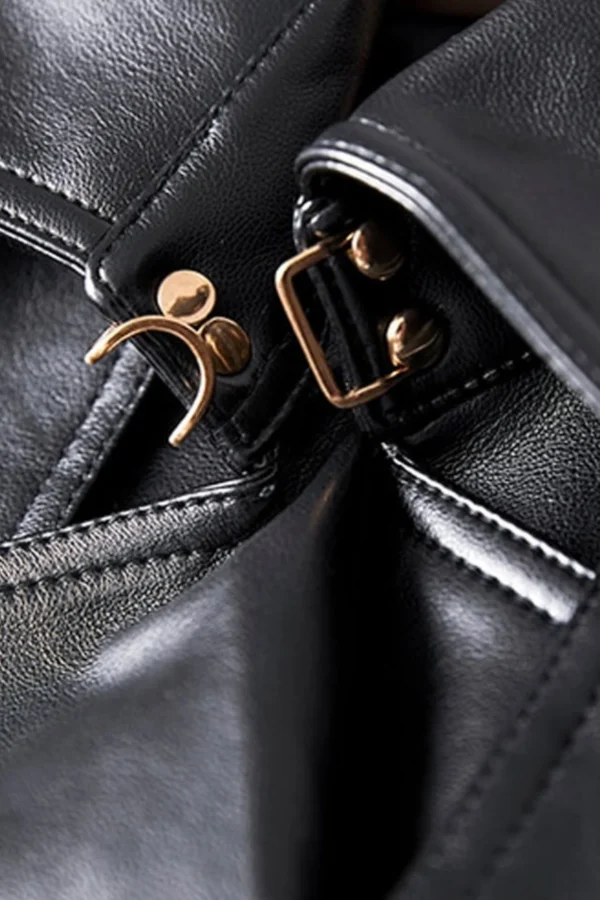 Womens Black Long Leather Trench Coat