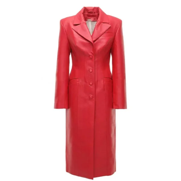 Womens Red Leather Button Up Steampunk Trench Coat