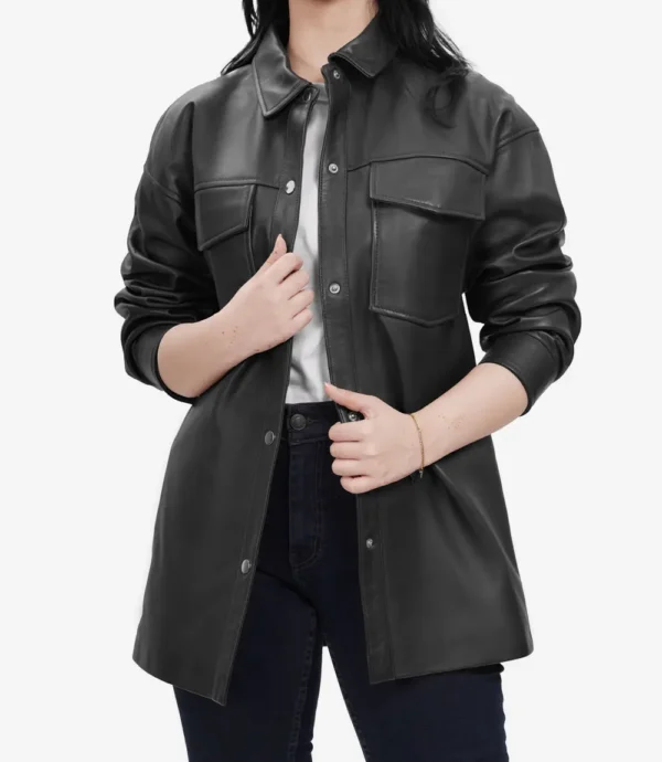 Womens Long Black Oversized Leather Jacket