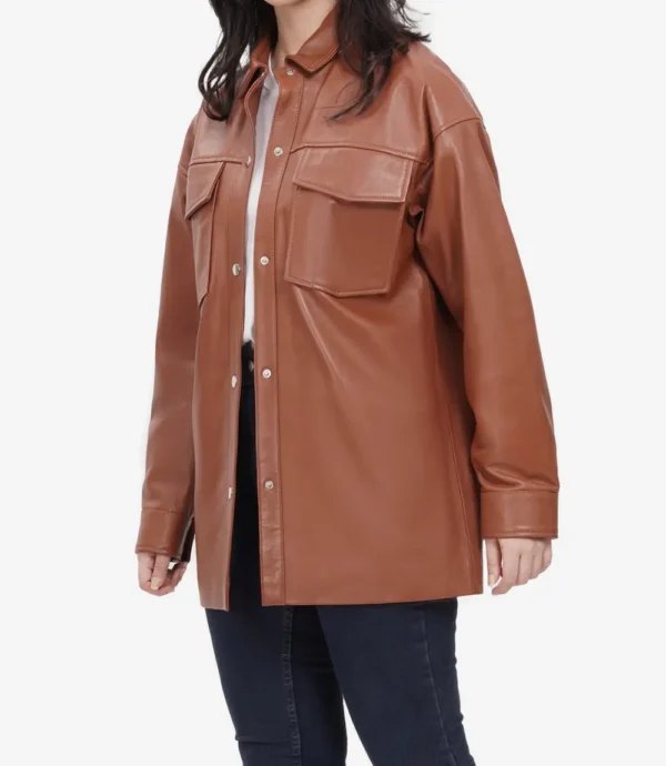 Womens Long Cognac Oversized Leather Jacket