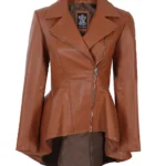 Womens Cognac Brown Peplum Leather Jacket