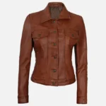 Womens Cognac Brown Trucker Leather Jacket