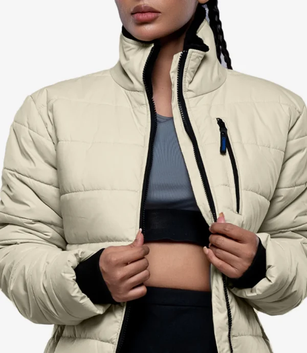 Womens Quilted Style Cream Puffer Jacket With Hood