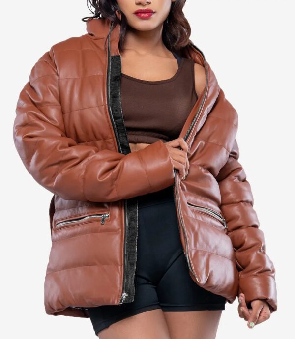 Womens Robin Leather Cognac Puffer Jacket