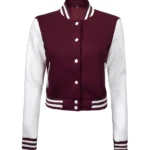 Womens Maroon And White Cropped Varsity Jacket