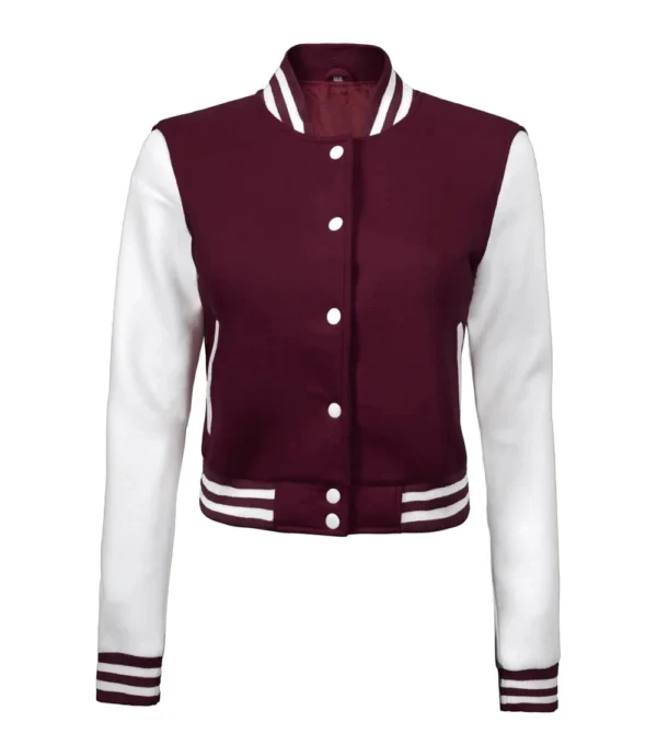 Womens Maroon And White Cropped Varsity Jacket