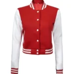 Women Red & White Cropped Varsity Jacket