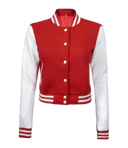 Women Red & White Cropped Varsity Jacket