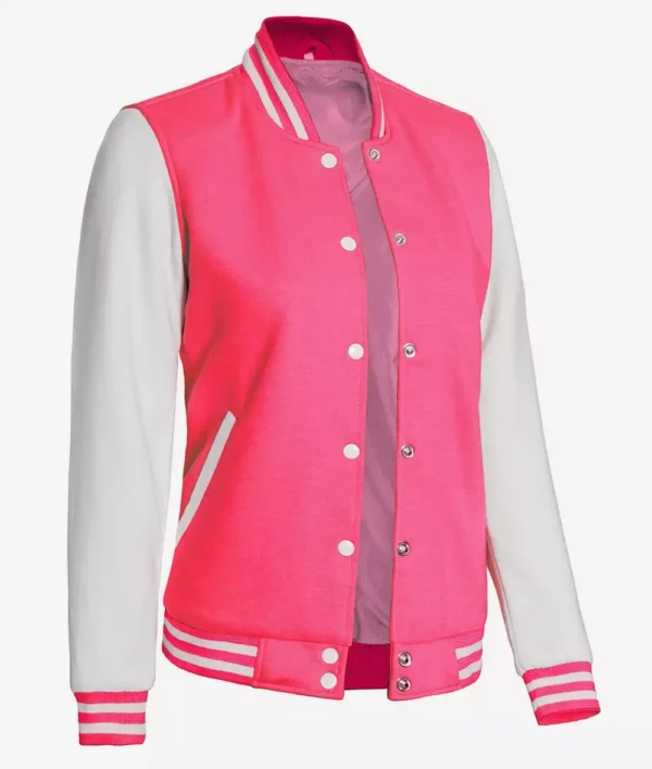 Womens Pink And White Varsity Baseball Jacket