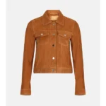 Womens Tan Brown Suede Leather Trucker Jacket