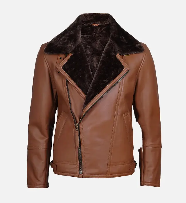cognac leather shearling moto jacket for men