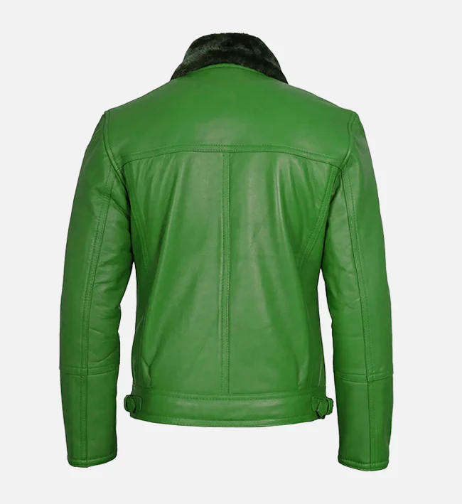 Green Shearling Leather Moto Jacket for Men