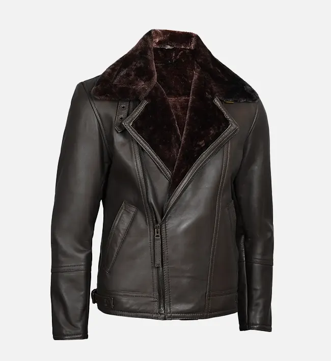 shearling leather moto jacket in dark brown